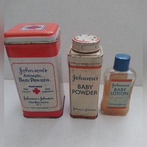 Johnson & Johnson Baby Powder Two Empty Tins and Baby Lotion - Vintage Set Of 3